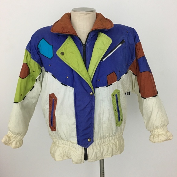 Vintage Jackets & Blazers - Vintage 80s Puffy Ski Coat Loud Fringe Color block